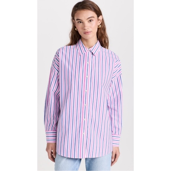 NWT Favorite Daughter Ex-Boyfriend oversized shirt blue/pink/white pinstripe S - Picture 1 of 16